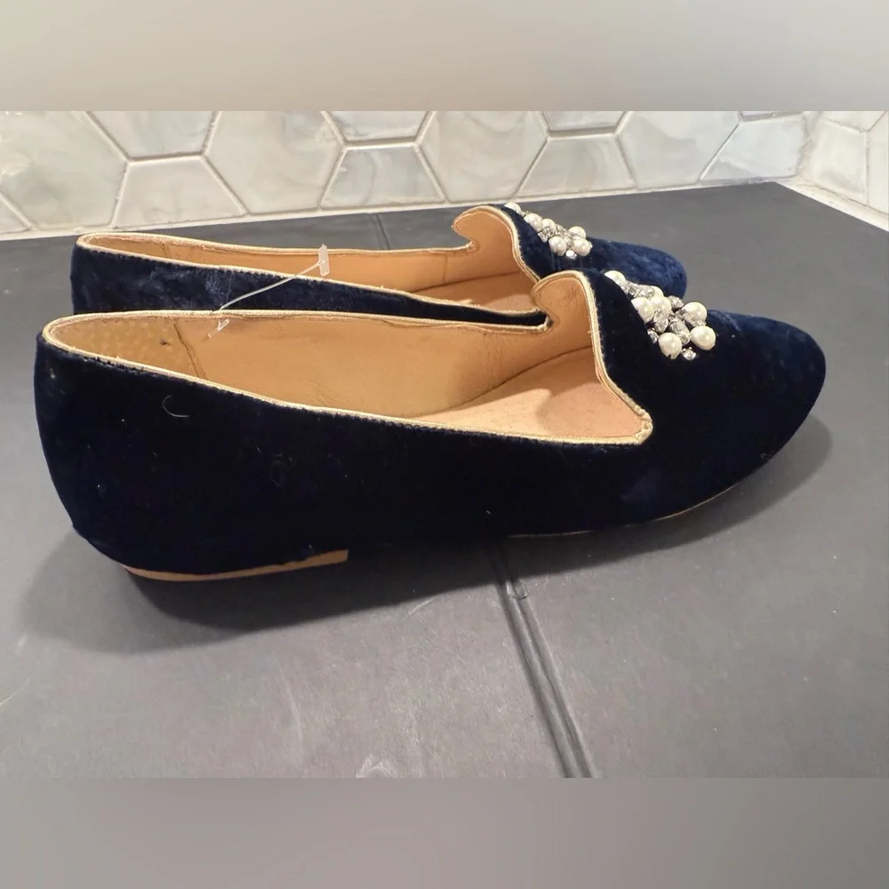 Jack Rogers Jeweled Rondelle Loafer Sz 6 Blue Velvet Rhinestone Pearl Stunning - Picture 4 of 10